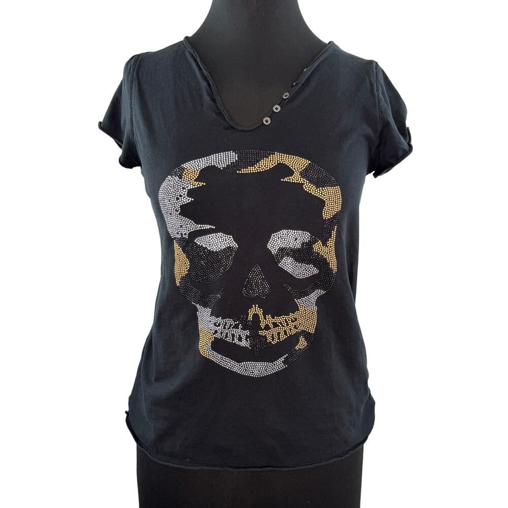 Y2K Zadig & Voltaire Gold Black T-Shirt Skull Camo Rhinestone V-Neck Tee Medium